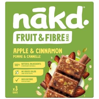 Barritas altas en fibra con manzana y canela Nakd sin azúcar añadido 135 g.