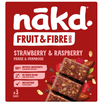 Barrita alta en fibra con fresa y frambuesa Nakd sin azúcar añadido 135 g.