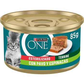 Comida húmeda esterilizado de pavo y espinacas para gatos Purina One 85 g.
