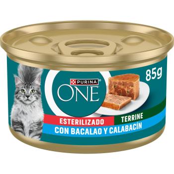 Comida húmeda esterilizado de bacalao y calabacín para gatos Purina One lata de 85 g.