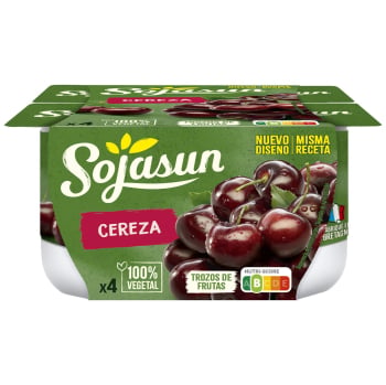 Preparado de soja con trozos de cereza Sojasun sin gluten y sin lactosa pack de 4 unidades de 100 g. 4 x 100 g
