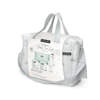 Bolso Suavinex Welcome Baby: gel-champú 300 ml, loción hidratante 300 ml, pomada 75 ml, colonia 100 ml y toallitas 60 ud.