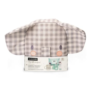 Mochila Suavinex elefante: pomada 75 ml, agua de colonia 100 ml, toallitas 25 ud, biberón 1 ud.