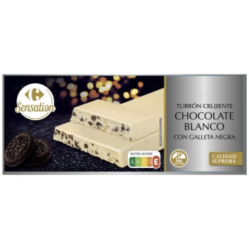 Turrón crujiente chocolate blanco con galleta negra Carrefour Sensation sin gluten 200 g.