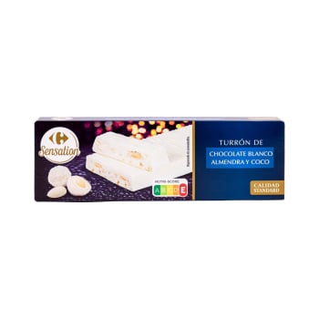 Turrón de chocolate blanco con almendra y coco Carrefour Sensation 145 g.