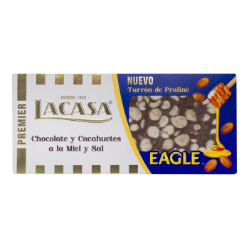 Turrón Praliné de chocolate con cacahuetes, miel y sal Lacasa sin gluten 250 g.