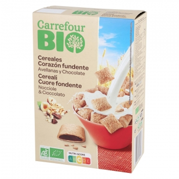 Cereales rellenos de avellanas y chocolate ecológico Carrefour Bio 375 g.