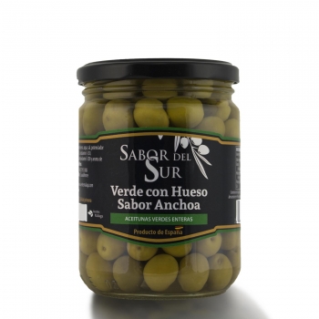 Aceitunas verdes con hueso sabor anchoa Sabor del Sur sin gluten 250 g.