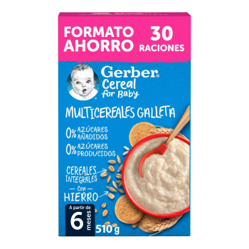 Papilla infantil desde 6 meses Gerber multicereales galleta sin azúcar añadido 510 g.