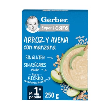 Papilla infantil Gerber arroz y avena con manzana sin gluten, sin lactosa y sin azúcar añadido 250 g.