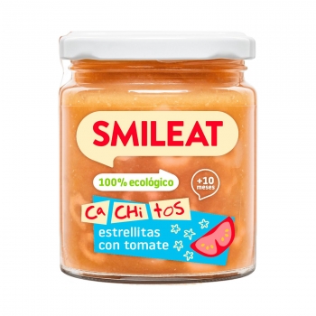 Tarrito con cachitos de estrellitas con tomate desde 10 meses ecológico Smileat sin lactosa 230 g.