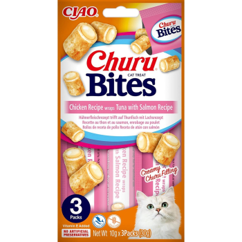 Snack líquido receta wraps de pollo sabor atún con salmón para gatos Churu 3x10g.