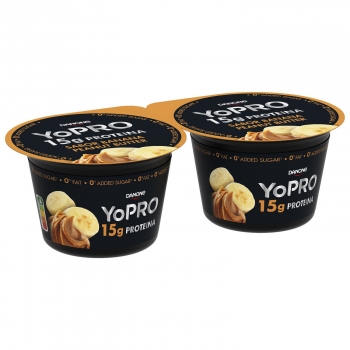 Postre lácteo de proteínas sabor plátano y mantequilla de cacahuete sin azúcar añadido Danone Yopro pack de 2 unidades de 160 g.