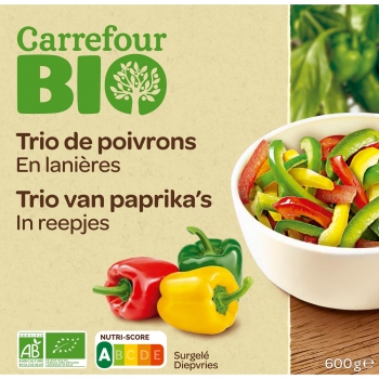 Pimientos tricolores en tiras ecológicos Carrefour Bio 600 g.