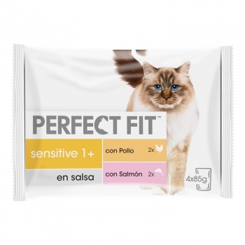 Comida húmeda esterilizada de pollo y salmón para gatos Perfect Fit Sensitive pack de 4 unidades de 85 g.