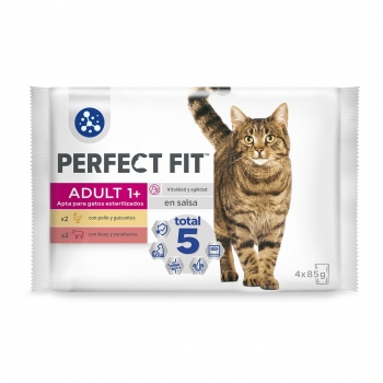 Comida húmeda esterilizada de pollo y ternera para gatos Perfect Fit pack de 4 unidades de 85 g.
