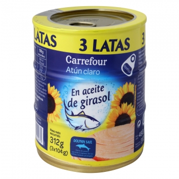 Atún claro en aceite de girasol Carrefour pack de 3 latas de 104 g.