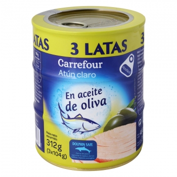 Atún claro en aceite de oliva Carrefour pack de 3 latas de 104 g.
