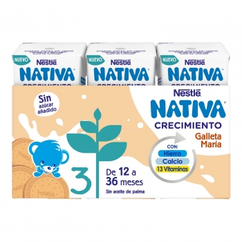Preparado lácteo infantil de crecimiento desde 1 año con galleta maría Nestlé Nativa 3 sin aceite de palma pack de 3 briks de 180 ml.