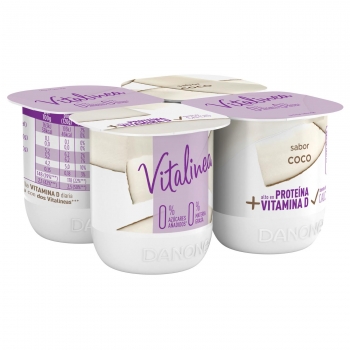 Yogur desnatado sabor coco Danone Vitalinea sin azúcar añadido pack de 4 unidades de 120 g.