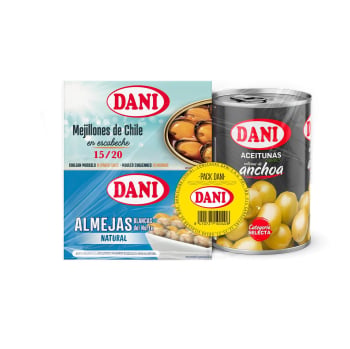 Pack Dani: Mejillones en escabeche 69 g.+ Almejas blancas 63 g. + Aceitunas rellenas de anchoa 150 g.