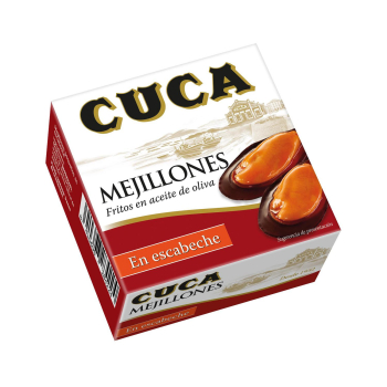 Mejillón en escabeche frito en aceite de oliva Cuca sin gluten y sin lactosa lata 50 g.