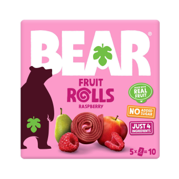 Rollitos de fruta sabor frambuesa Bear sin gluten y sin azúcar añadido pack de 5 unidades de 20 g. 5 x 20 g