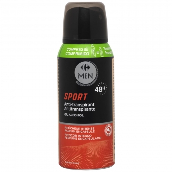 Desodorante en spray sport protección 48h antitranspirante frescor intenso 0% alcohol Carrefour Men 100 ml.