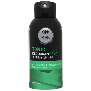 Desodorante body spray tonic protección 48h perfume acidulado Carrefour Men 150 ml.
