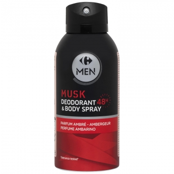 Desodorante body spray musk protección 48h perfume ambarino Carrefour Men 150 ml.