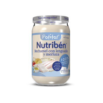 Tarrito de bechamel con lenguado y merluza desde 6 meses Nutribén sin gluten 235 g.