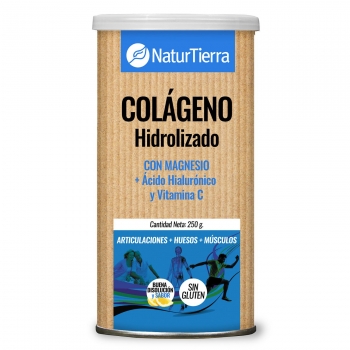 Colágeno hidrolizado con magnesio + Ácido hialurónico y vitamina C NaturTierra sin gluten 250 g.
