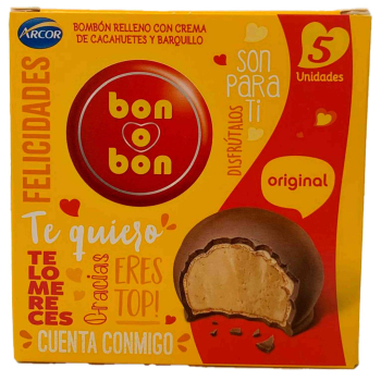Bombón relleno con crema de cacahuete y barquillo Bon o Bon 75 g.