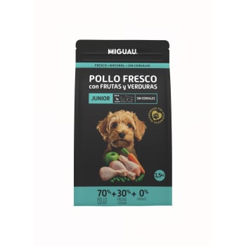 Pienso de pollo sin cereales con frutas y verduras para perro junior Miguau 1,5 kg