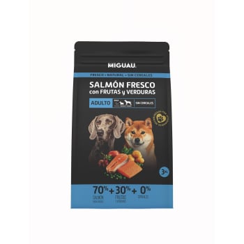 Pienso de salmón sin cereales con frutas y verduras para perro adulto Miguau 3 kg