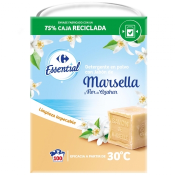 Detergente en polvo con jabón de Marsella Carrefour Essential 100 lavados. 