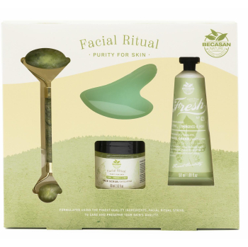 Estuche Becasan Nature facial ritual : crema facial 50 ml, exfoliante facial 60 ml, piedra guasha y rodillo facial.