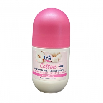 Desodorante roll-on control cotton 48h 0% alcohol Carrefour Soft 50 ml.