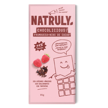 Tableta de cacao y frambuesa con fibra de achicoria Natruly 85 g.