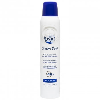 Desodorante en spray cream care 48h antitranspirante crema hidratante 0% alcohol Carrefour Soft 200 ml.