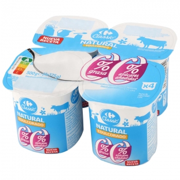 Yogur desnatado natural edulcorado sin azúcar añadido Carrefour Classic' pack de 4 unidades de 125 g.