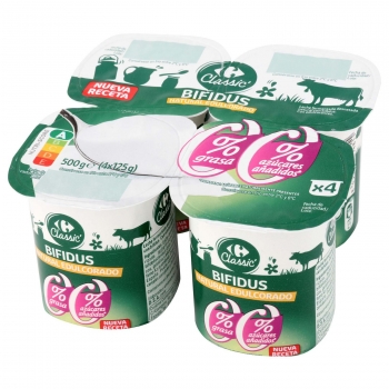 Bífidus desnatado natural edulcorado sin azúcar añadido Carrefour Classic' pack de 4 unidades de 125 g.