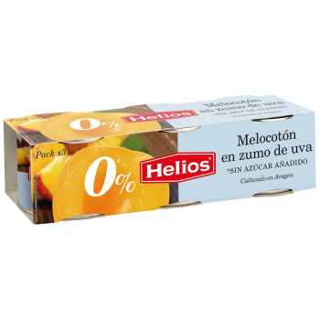 Melocotón en zumo de uvas Helios sin azúcar añadido pack de 3 latas de 200 g. 3 x 200 g