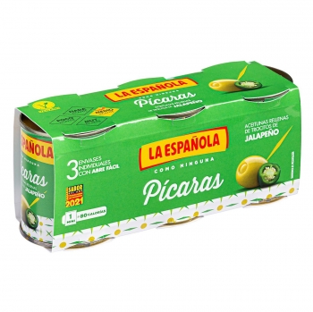 Aceitunas verdes rellenas de trocitos de jalapeño Pícaras La Española sin gluten pack de 3 latas de 50 g.