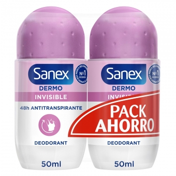 Desodorante roll-on dermo invisible protección 24h pH Balance Sanex pack de 2 unidades de 50 ml.