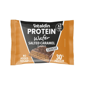Wafer de chocolate sabor caramelo salado alto en proteína Vitaldin sin azúcar añadido 90 g.