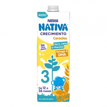 Leche infantil de crecimiento de 12 a 36 meses con cereales Nestlé Nativa Crecimiento 3 sin azúcar añadido brik 1 l.