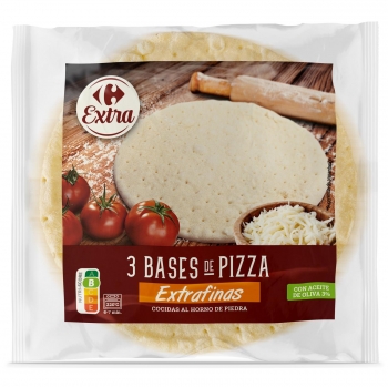 Bases de pizza artesanas extrafinas Carrefour pack de 3 bases de 125 g.
