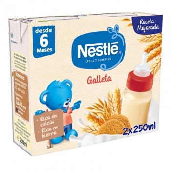Leche infantil de continuación cereales con galleta maría desde 6 Meses Nestlé sin aceite de palma pack de 2 unidades de 250 ml