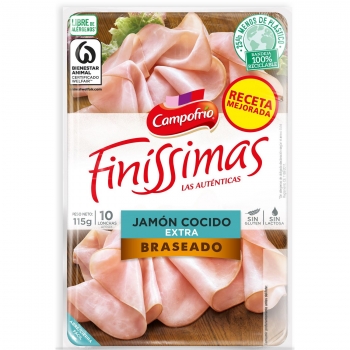 Jamón Cocido Extra braseado en lonchas finas Campofrío Finissimas sin gluten y sin lactosa 115 g